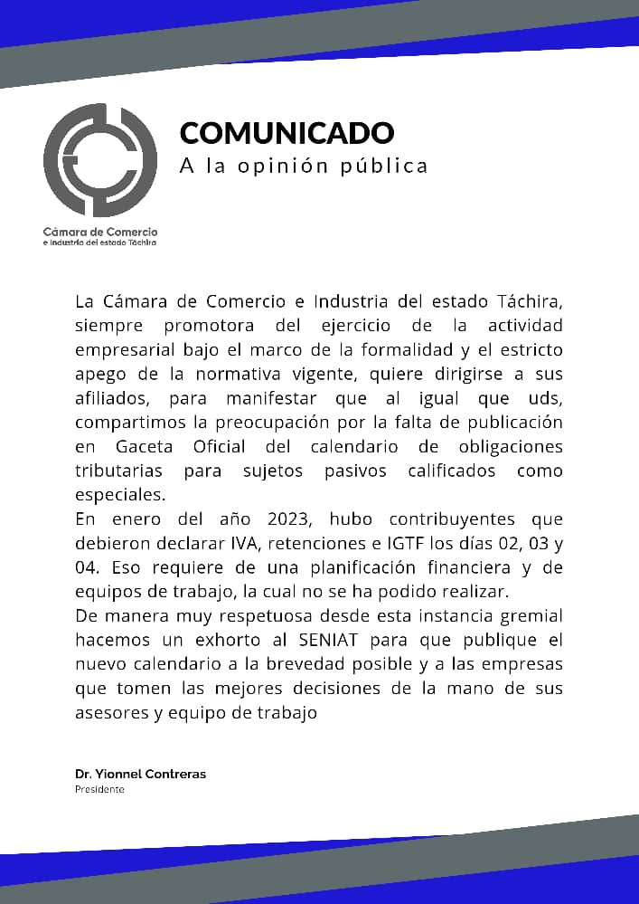 Comunicado Cámara de Comercio e Insdustria del Táchira 
