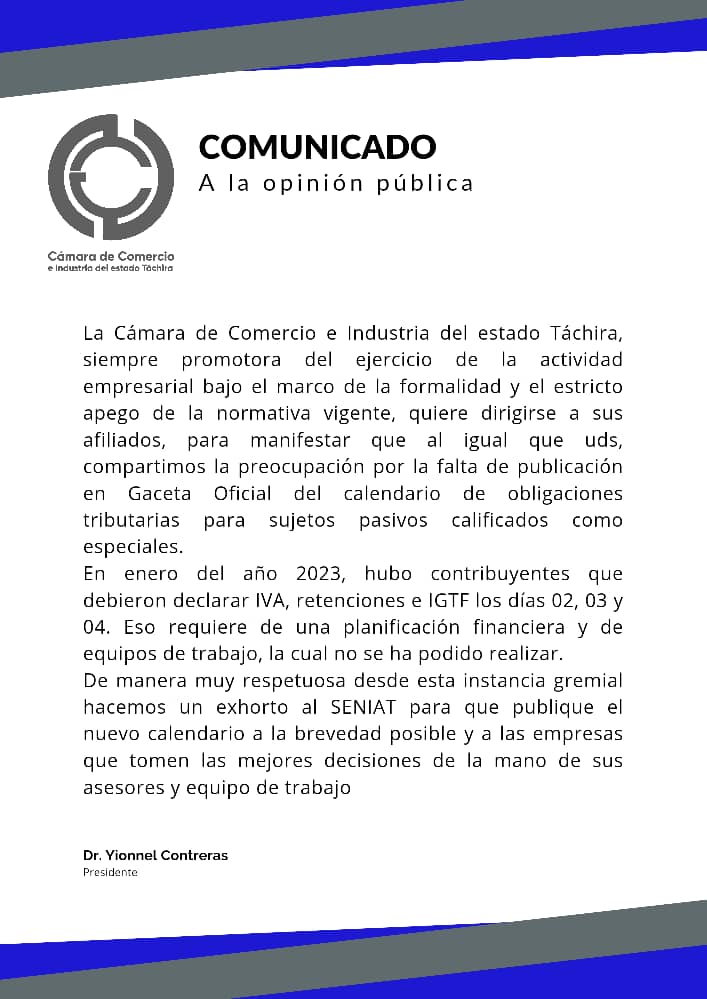 Comunicado Cámara de Comercio e Insdustria del Táchira