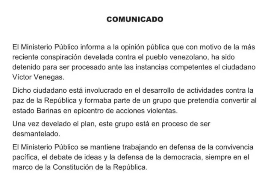 Luego de publicar la denuncia desde Fenatev en Barinas el MP notificó la detención de Victor Venegas