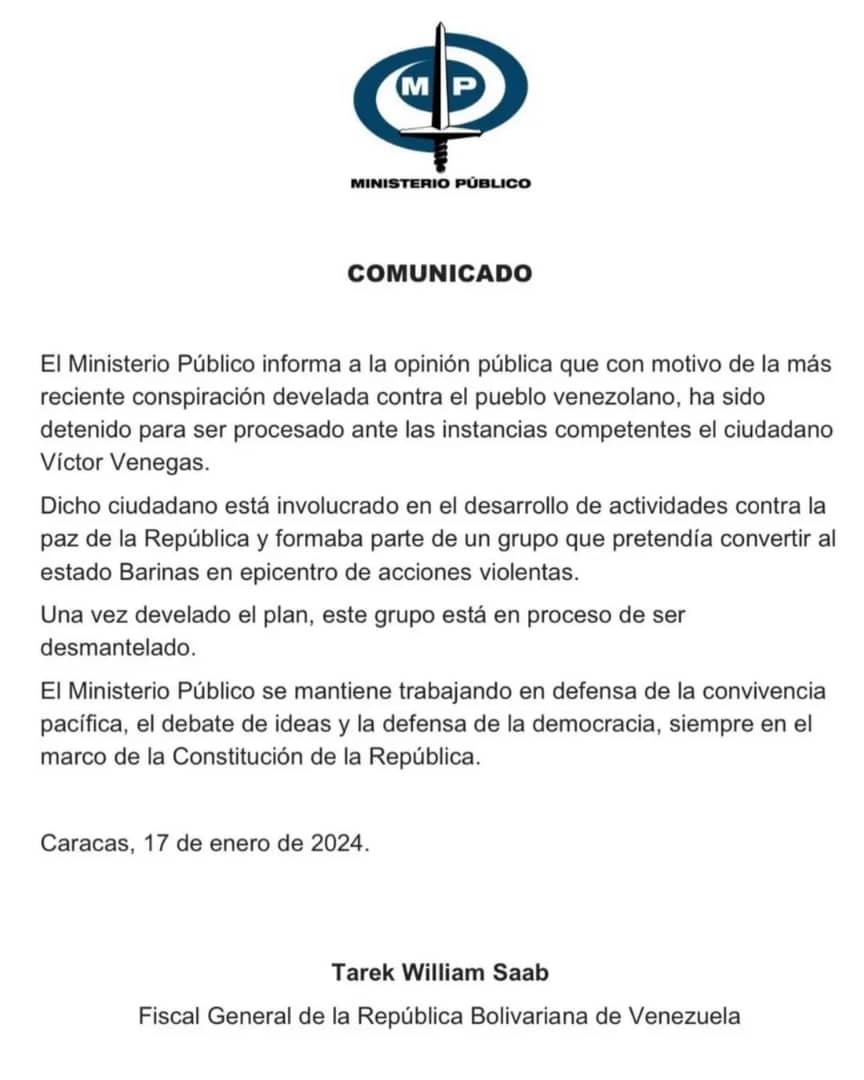 Luego de publicar la denuncia desde Fenatev en Barinas el MP notificó la detención de Victor Venegas