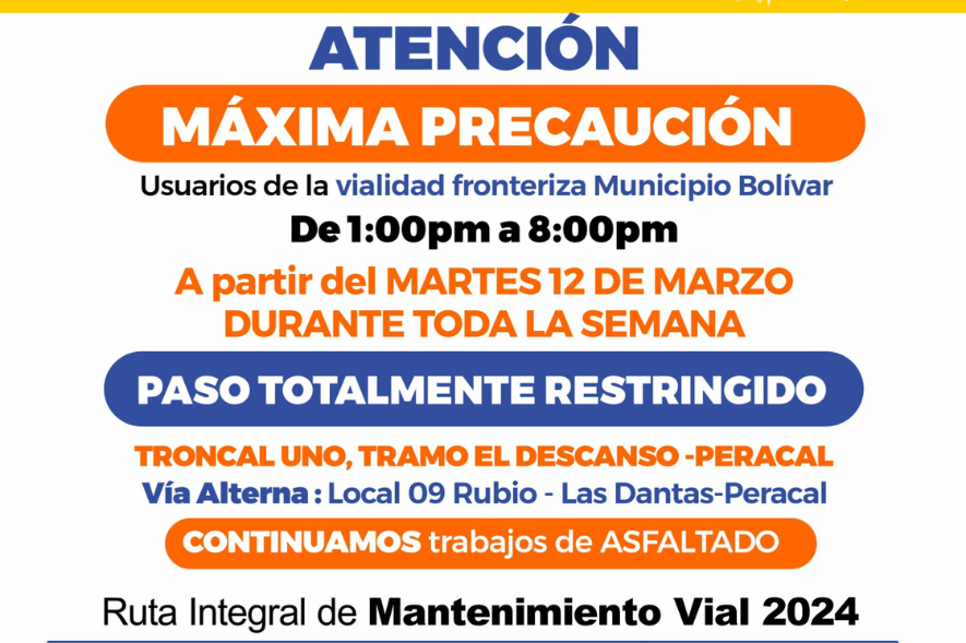 Paso restringido en tramo El Descanso y Peracal Municipio Bolívar