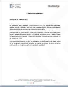 Comunnicado de migración Colombia