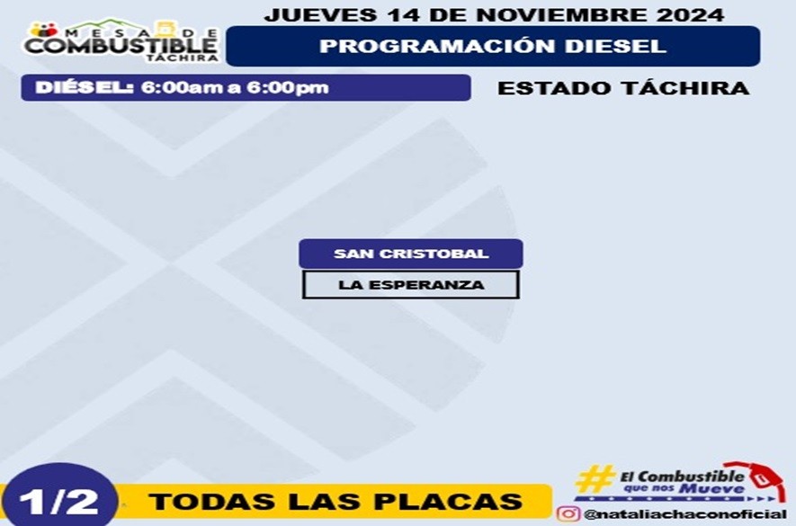 Programación de combustible 14 noviembre Táchira, diesel