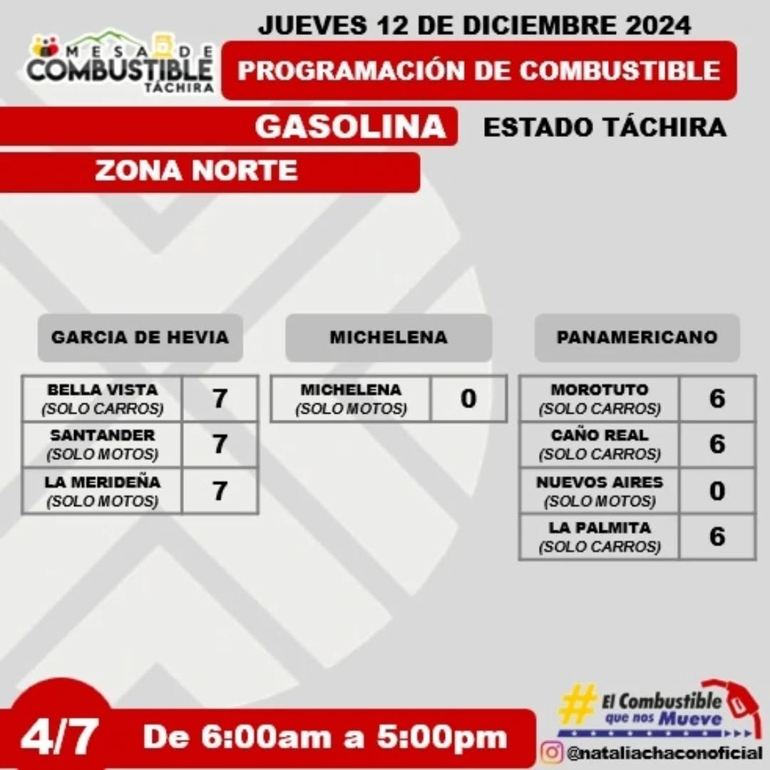 Programaciòn de combustible, michelena Táchira, 12 Diciembre
