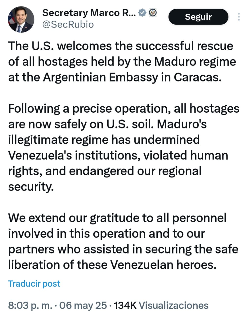 Marco Rubio anuncia operaciòn de rescate de retenidos en la embajada de Argentina