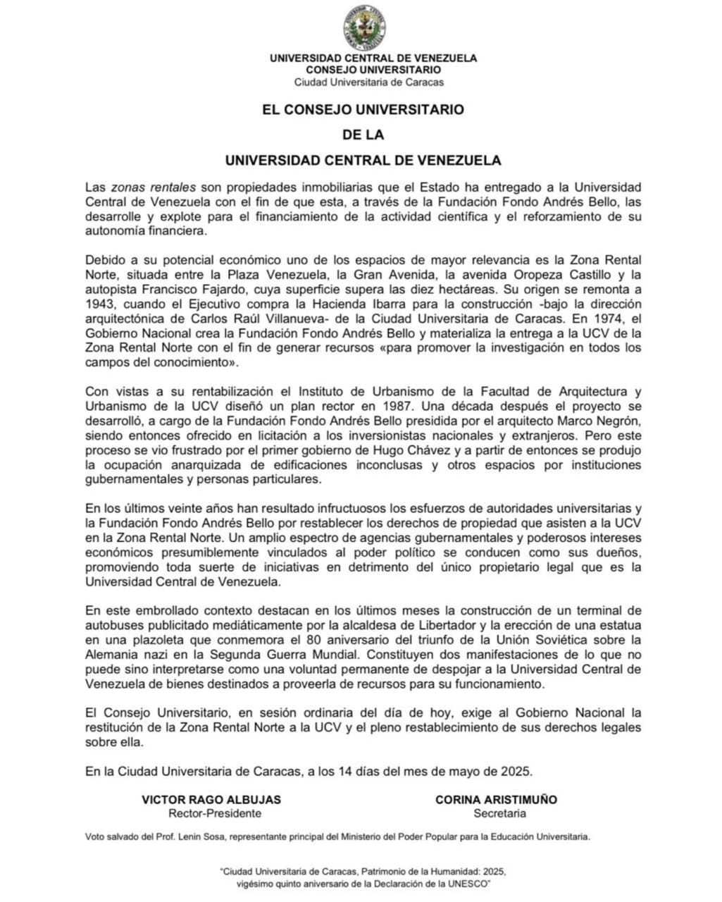 UCV denunció el despojo por parte del gobierno de terrenos