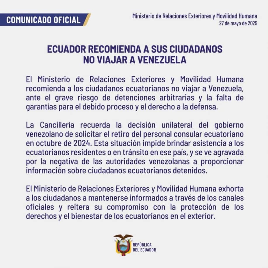 Ecuador recomienda a sus ciudadanos no viajar a Venezuela