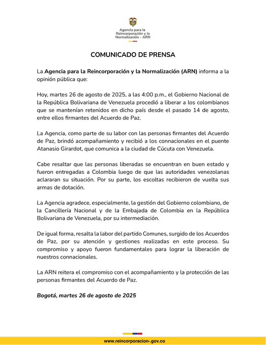 Comunicado de colombianos liberados en venezuela
