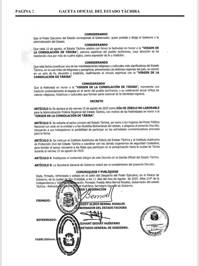 Decretan este viernes 15 de agosto día de jubiló no laborable por la Virgen de la Consolación