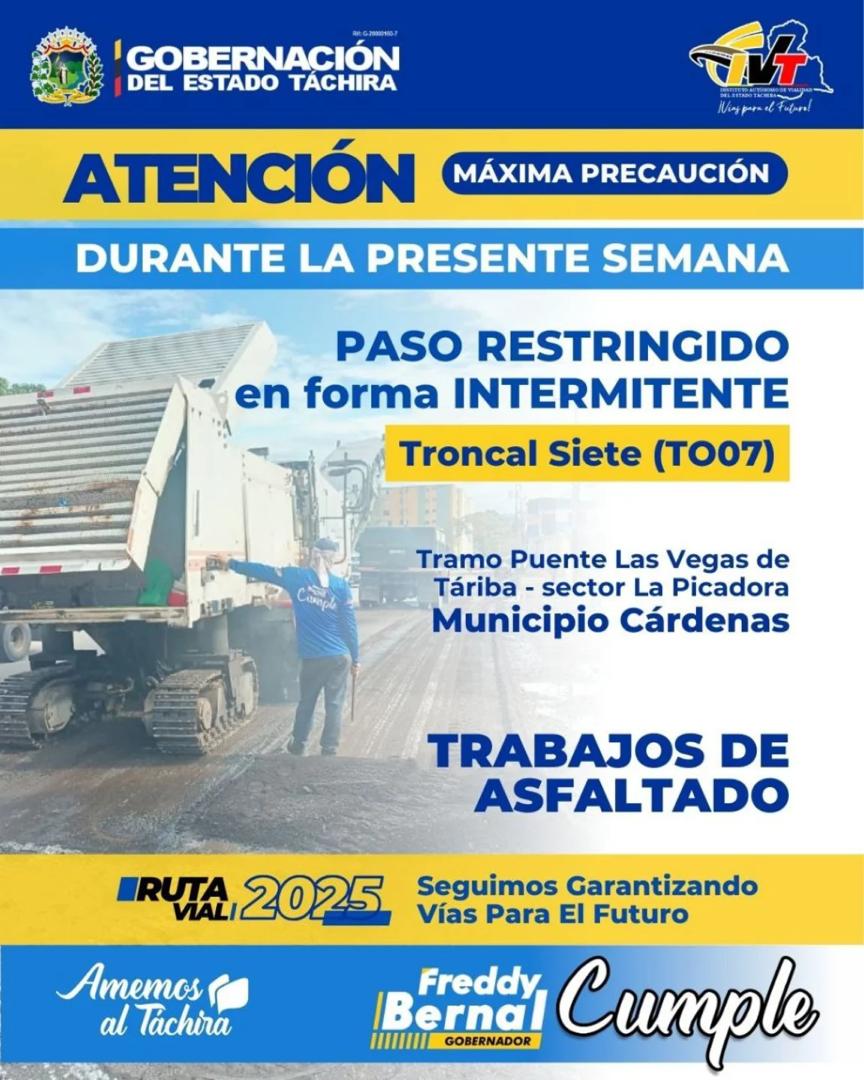 Paso intermitente en el Puente Las Vegas de Tariba Sector La Picadora