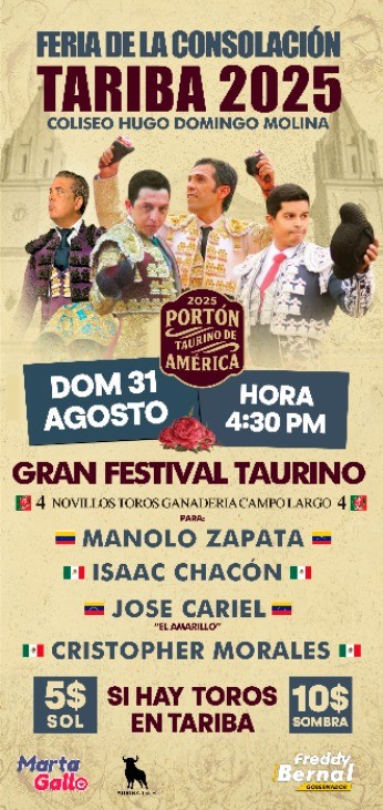 ¡Regresan los toros a Táriba! Festival taurino con cartel de lujo el 31 de agosto