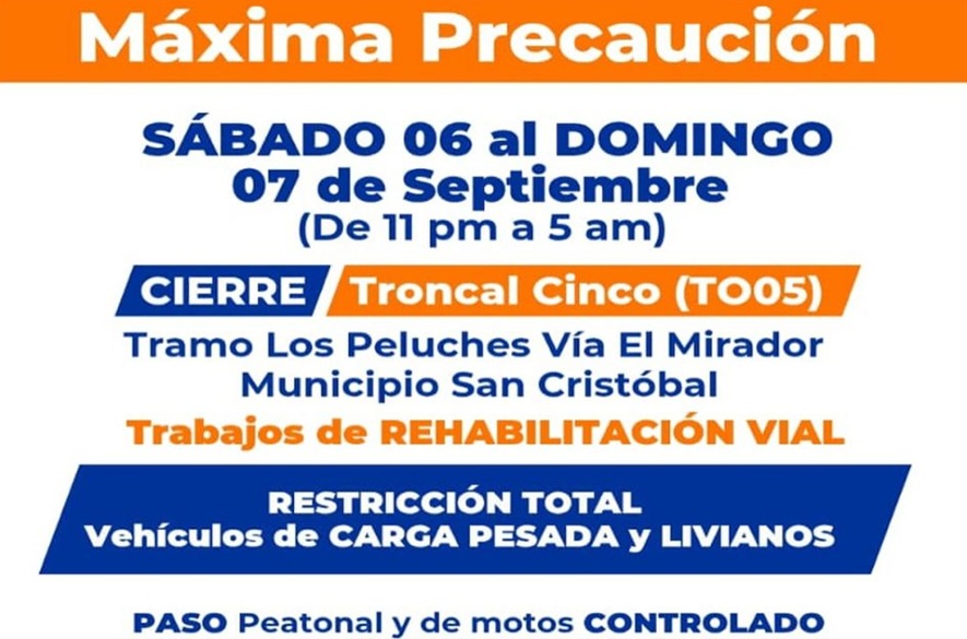 Cierre total en la vía El Mirador, sector Los Peluches del sábado al domingo