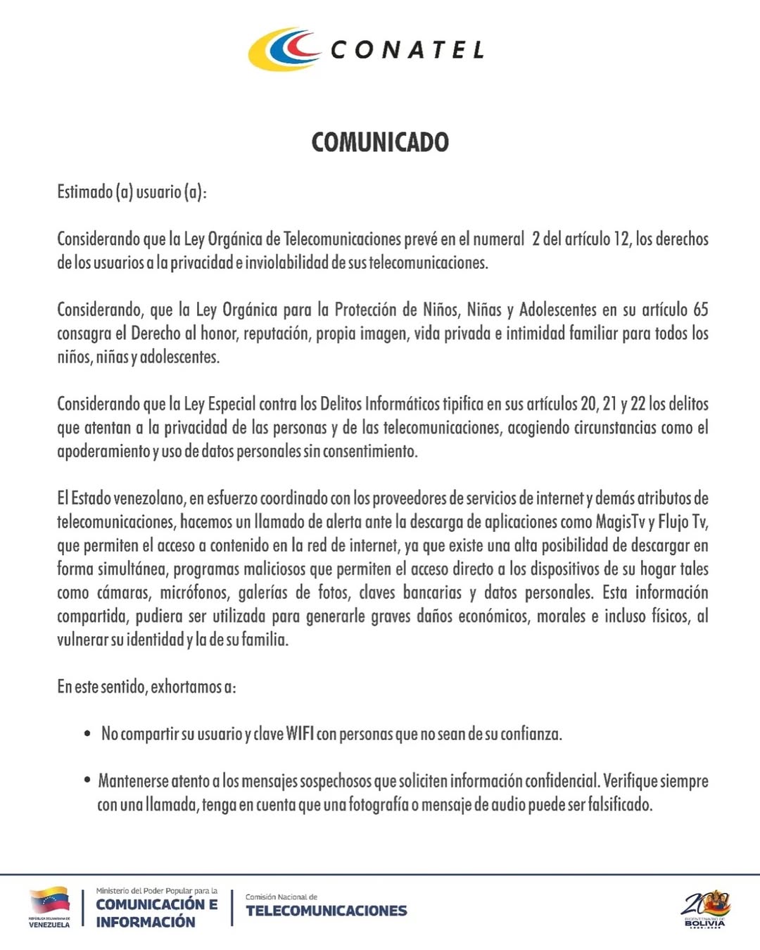 CONATEL advierte sobre el peligro de MagisTV y FlujoTV