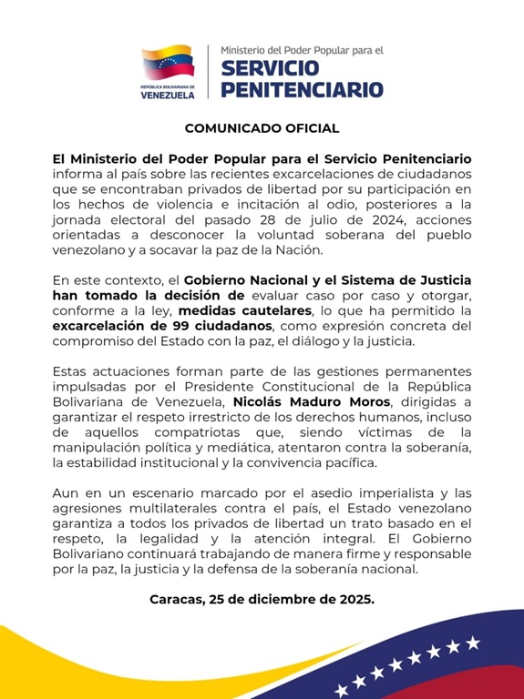 99 presos políticos liberados entre ellos  dos del Táchira