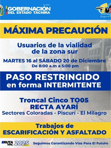 Táchira: Paso restringido del martes 16 al sábado 20 en la Recta Ayarí