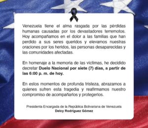 Decretan siete días de duelo nacional por víctimas del terremoto en Venezuela